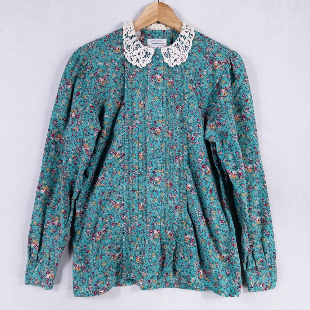 Mr. Witt Shirt Sz 8 Green Floral Button Up Lace Collar Cottage Prairie Vtg